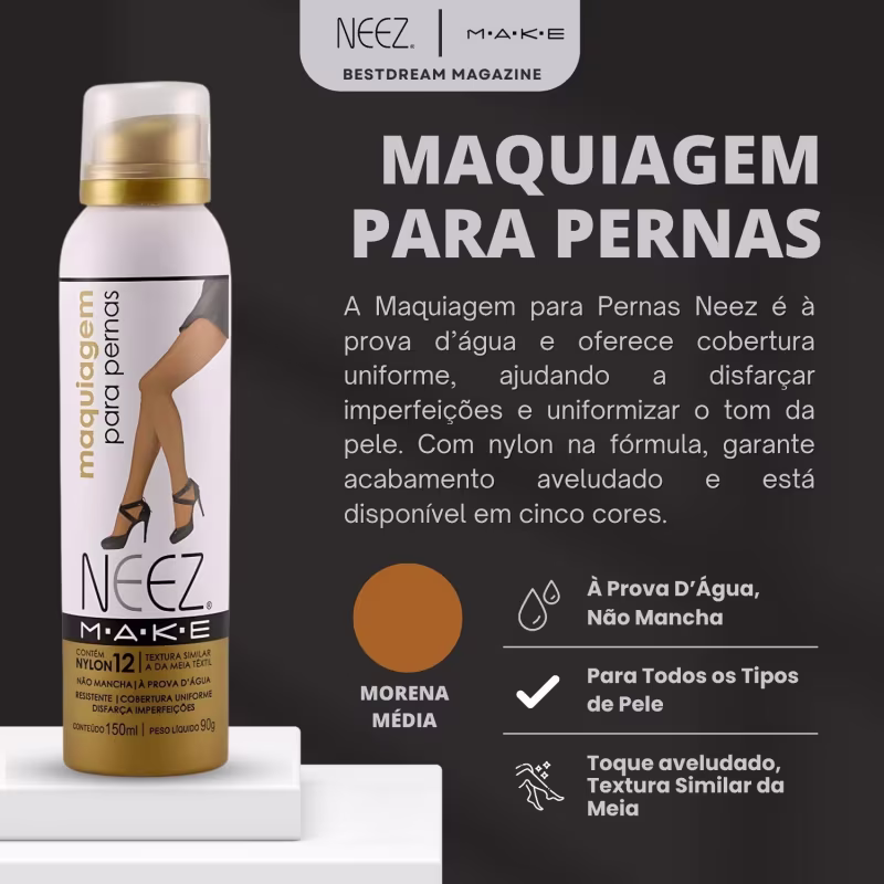 Kit 3 Maquiagem Para Pernas Spray Neez Profissional Esconde Estrias Celulites Morena Media 150ml