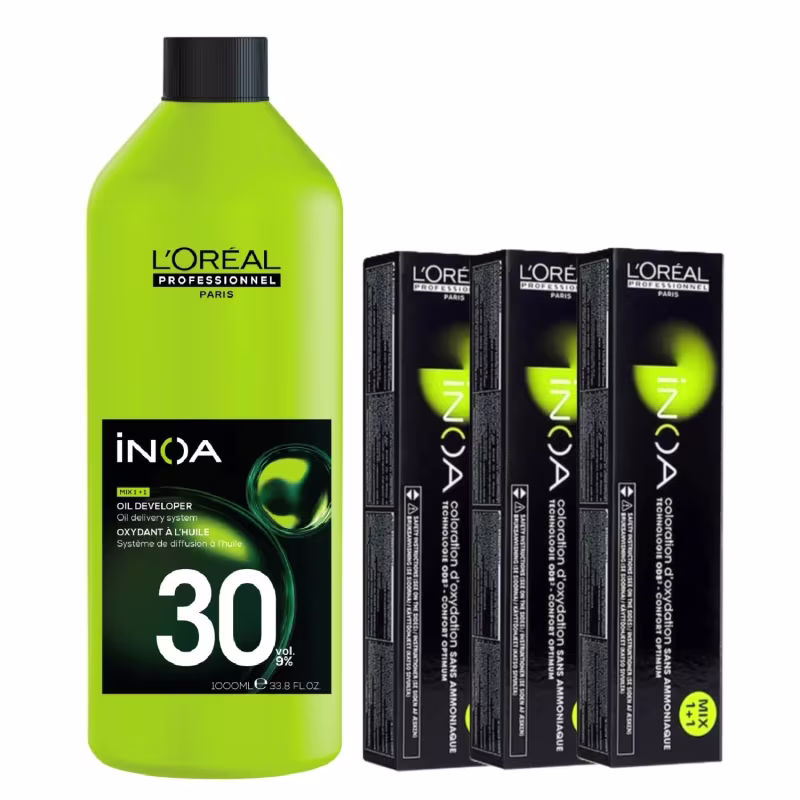 Kit L'Oréal Professionnel Inoa - Oxidante 30 Volumes 1000ml + 03 tinturas - Coloração nº 7 - Louro