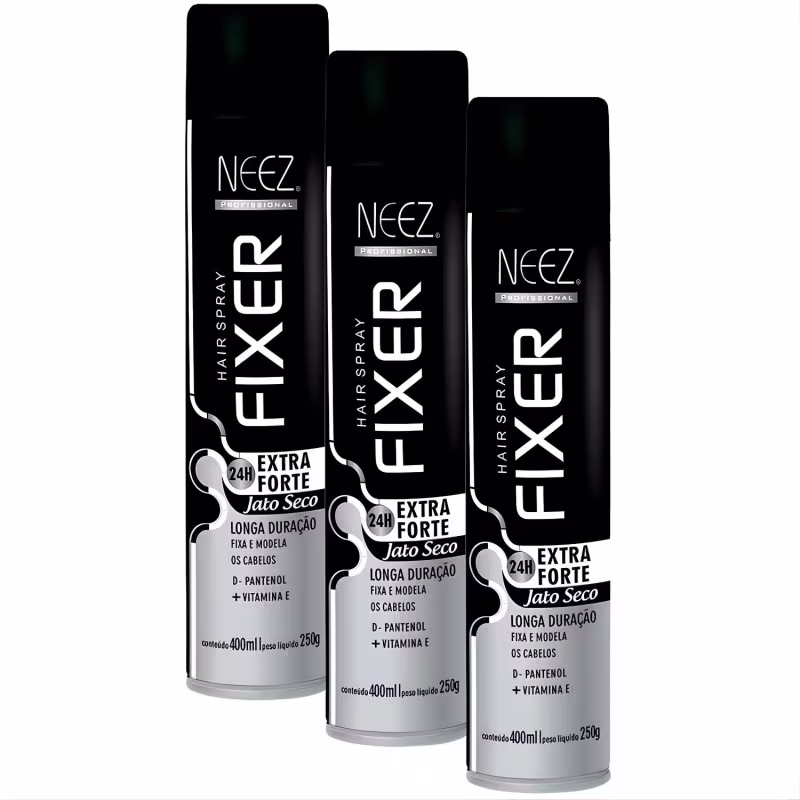 Kit 3 Spray Fixador De Cabelo Profissional Neez Laque Capilar Fixação Extra Forte 24 Horas 400ml