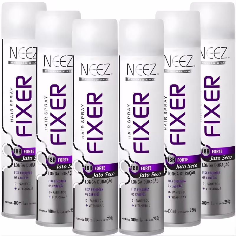 Kit 6 Spray Fixador De Cabelo Profissional Neez Laque Fixação Forte Jato Seco 18 Horas 400ml