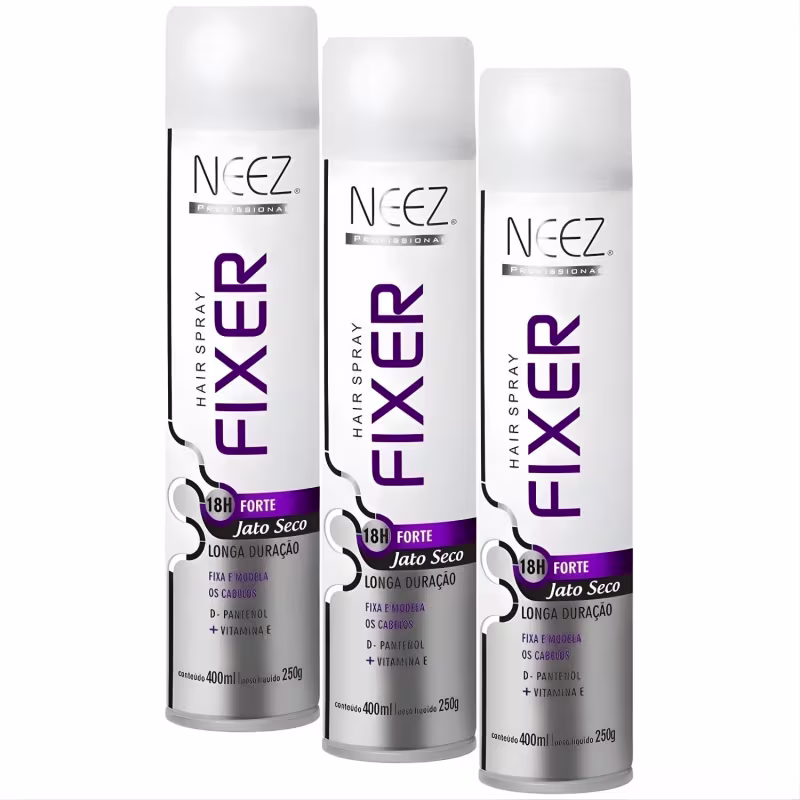 Kit 3 Spray Fixador De Cabelo Profissional Neez Laque Fixação Forte Jato Seco 18 Horas 400ml