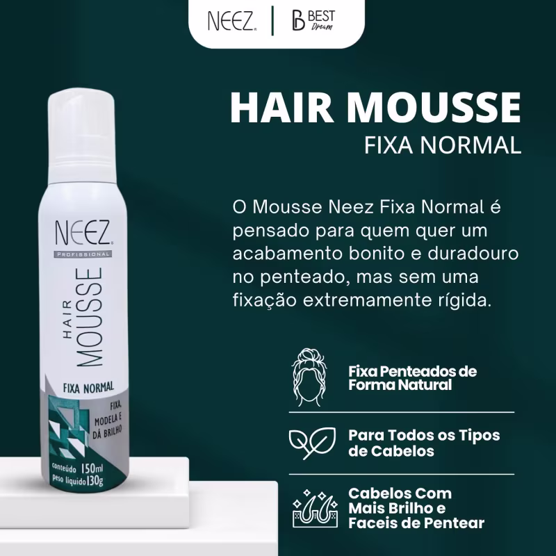 Kit 2 Mousse Fixador Capilar Neez Finalizador Penteado Hidratante Ação Rápida Fixação Normal 150ml