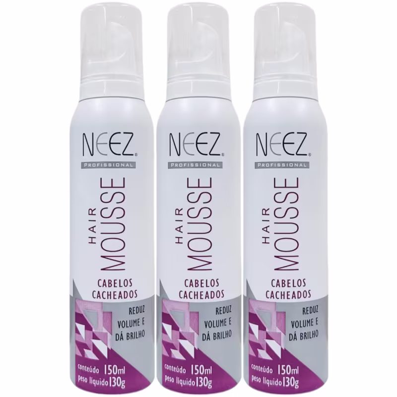 Kit 3 Mousse Cabelos Cacheados Neez Finalizador Capilar Penteado Hidratante Ação Rápida 150ml