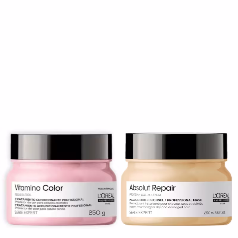 Duas máscaras da L'Oréal Professionnel: "Vitamino Color" e "Absolut Repair", com 250g cada.