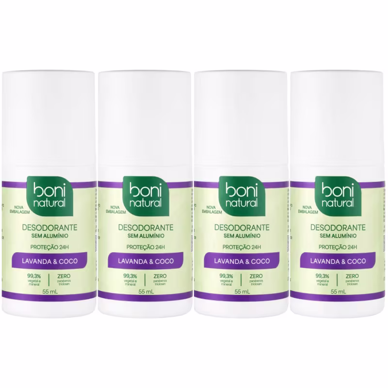 Kit 4 Desodorante Boni Natural Roll-On Natural Coco E Magnésio Vegano Lavanda 24Hrs Proteção 55ml