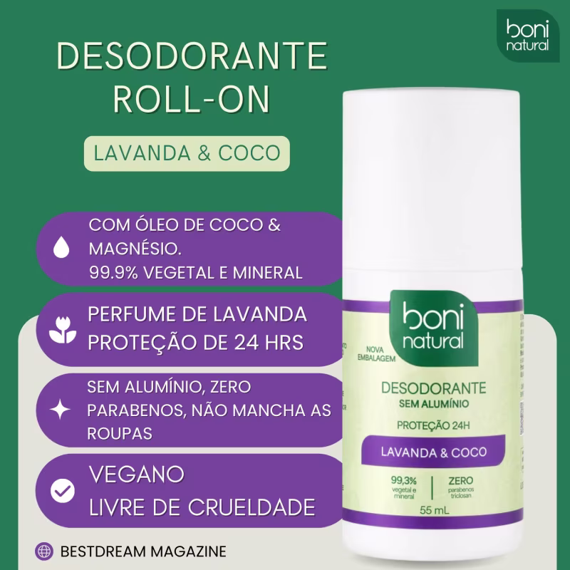 Kit 8 Desodorante Boni Natural Roll-On Natural Coco E Magnésio Vegano Lavanda 24Hrs Proteção 55ml