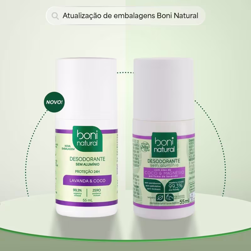 Kit 2 Desodorante Boni Natural Roll-On Natural Coco E Magnésio Vegano Lavanda 24Hrs Proteção 55ml