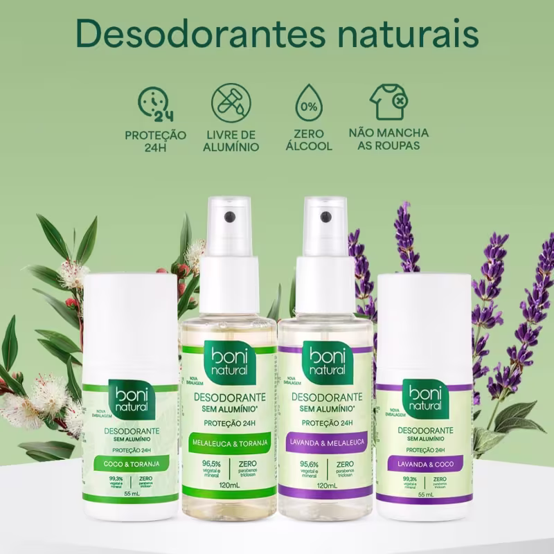 Kit 2 Desodorante Boni Natural Roll-On Natural Coco E Magnésio Vegano Lavanda 24Hrs Proteção 55ml