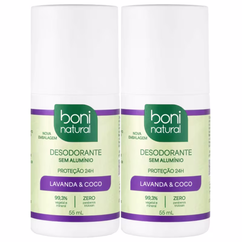 Kit 2 Desodorante Boni Natural Roll-On Natural Coco E Magnésio Vegano Lavanda 24Hrs Proteção 55ml