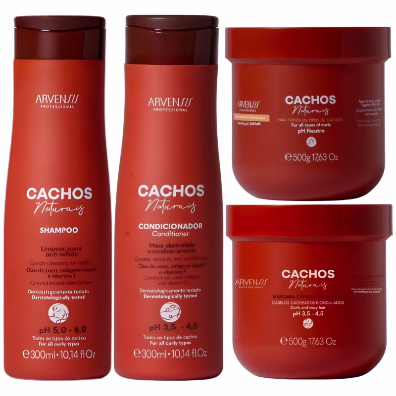 Produtos de cabelo da linha Cachos Naturais da Arvensis, incluindo shampoo, condicionador, máscara capilar e geleia ativadora de cachos em embalagens de plástico laranja e marrom com rótulos informativos.