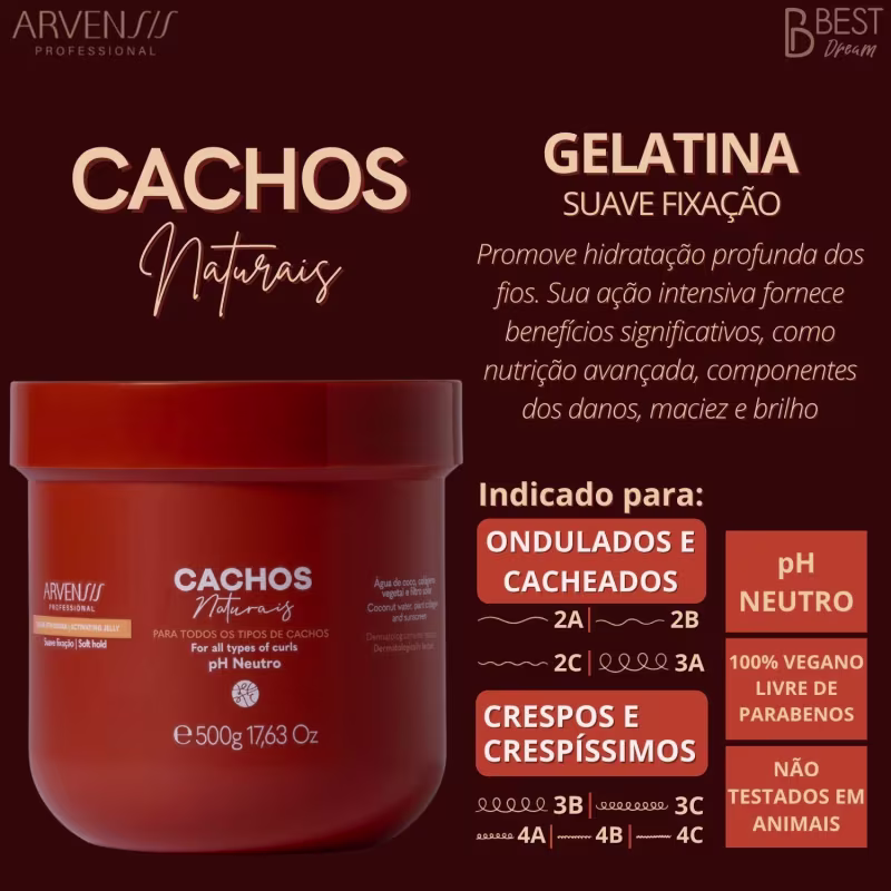 Kit Shampoo Condicionador E Gelatina Cachos Naturais Arvensis Hidratação Definição Vegano 500g