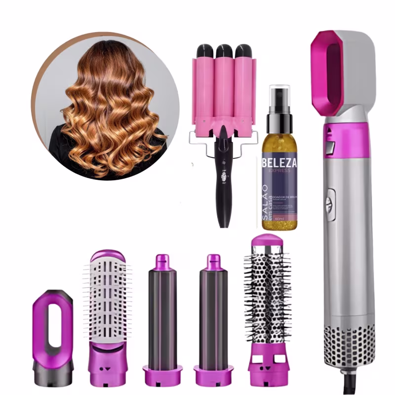 Kit secador 5 em 1, spray de brilho e modelador triondas