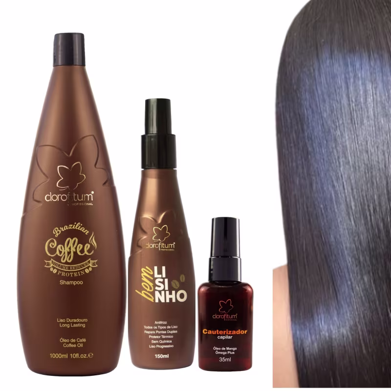Kit Brazilian Coffee Shampoo 1 Litro Bem Lisinho 150ml Cauterizador Óleo de Manga Clorofitum