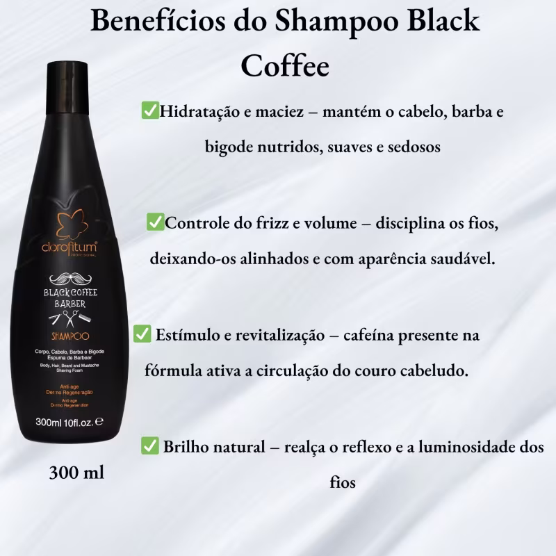 Kit Black Coffee Shampoo 300ml  Leave In 230ml Tônico Crescimento Clorofitum