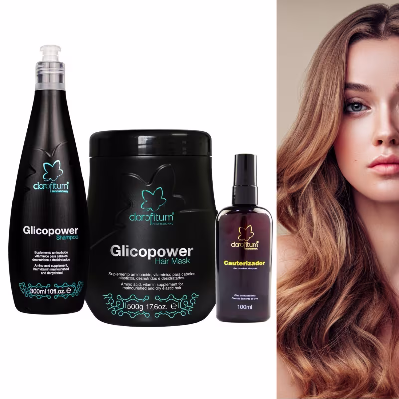 Kit Glicopower Shampoo 300ml + Máscara 500g + Cauterizador de Pontas 100ml