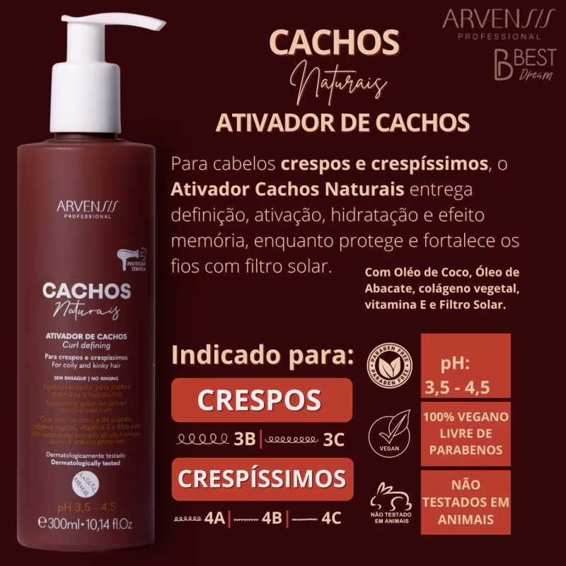 Kit Arvensis Cachos Naturais Completo 4 Produtos Cabelos Crespos C/ Ativador Tratamento Vegano