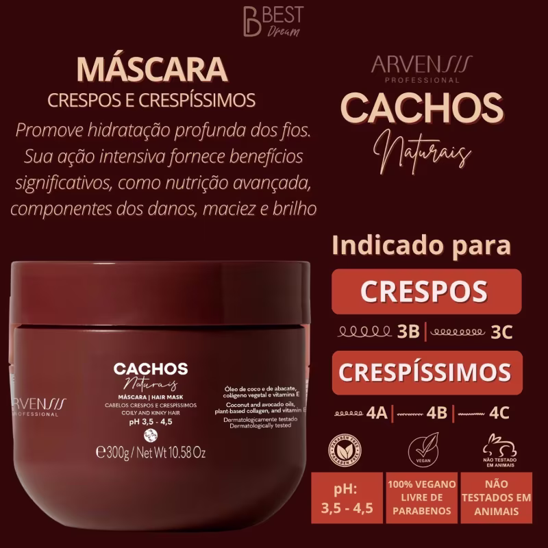 Kit Shampoo Condicionador E Mascara Cachos Naturais Arvensis Cabelos Crespos Definição Vegano 300ml