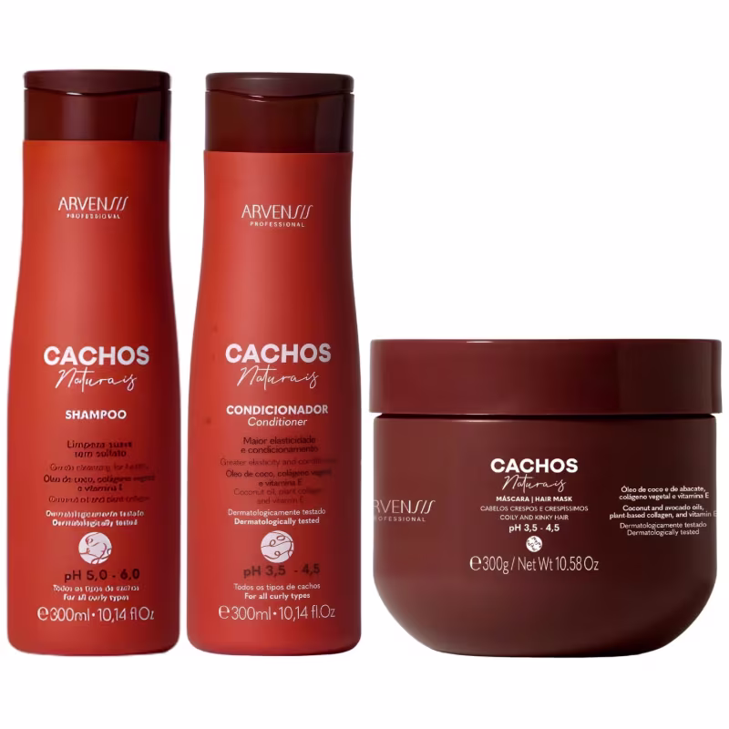 Kit Shampoo Condicionador E Mascara Cachos Naturais Arvensis Cabelos Crespos Definição Vegano 300ml
