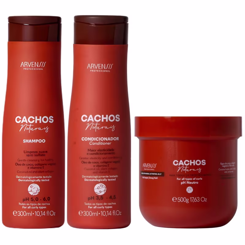 Kit Shampoo Condicionador E Gelatina Cachos Naturais Arvensis Cabelos Crespos Definição Vegano 500g