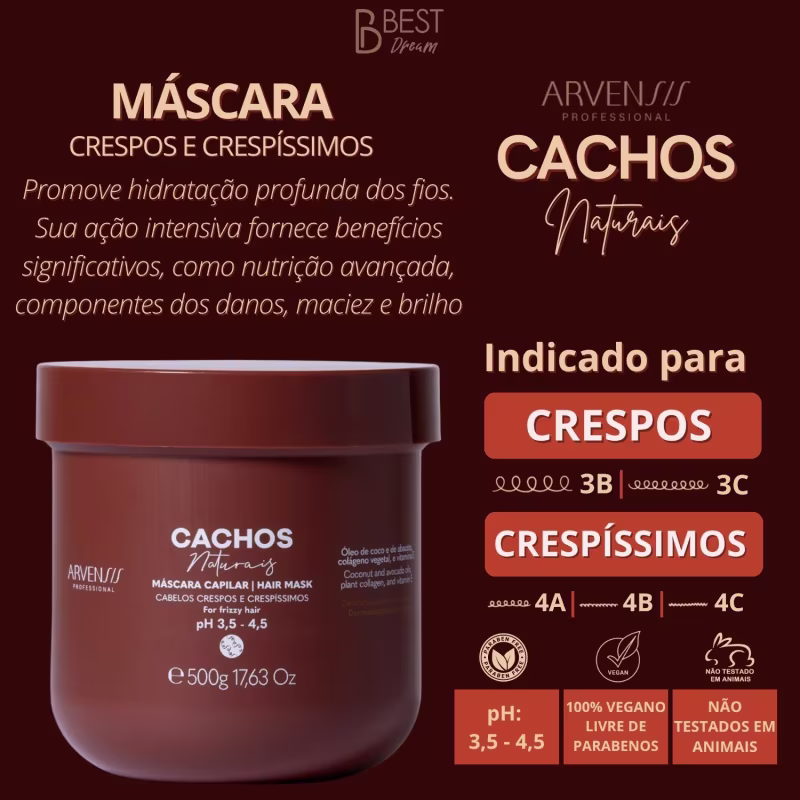 Kit Shampoo Condicionador E Mascara Cachos Naturais Arvensis Cabelos Crespos Definição Vegano 500g
