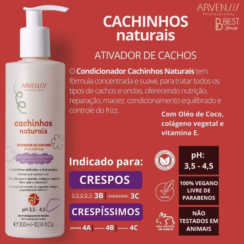 Kit Arvensis Cachinhos Naturais Linha Infantil 4 Produtos C/ Ativador Completo Vegano Sem Sulfato