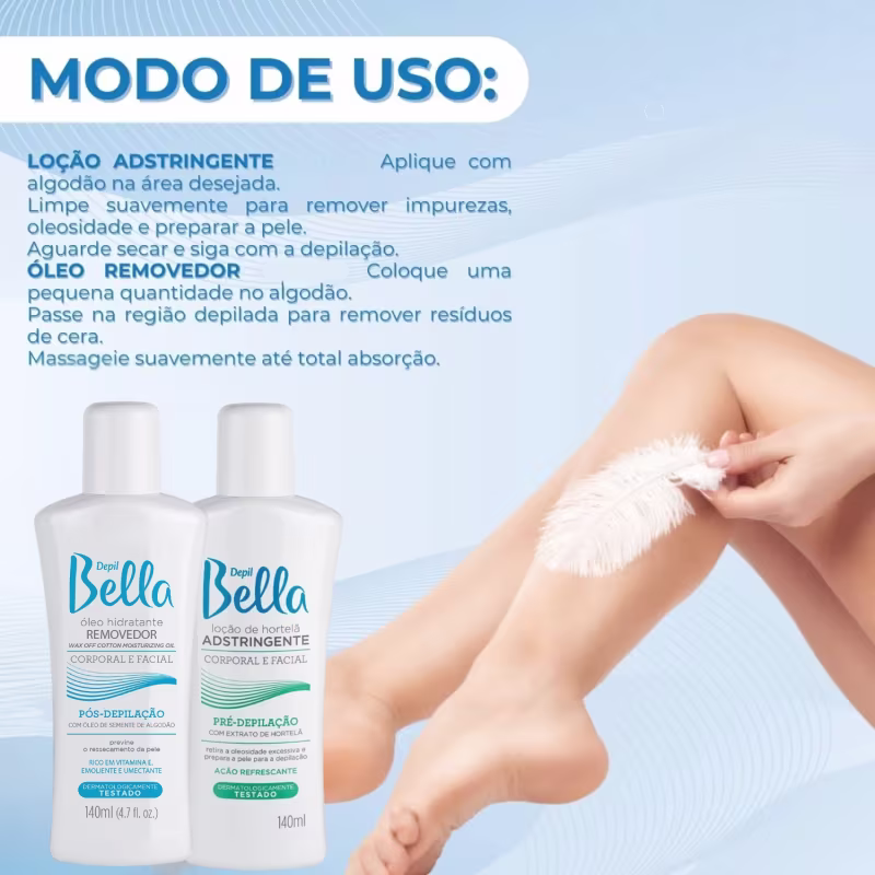 Kit Pré e Pós Depilação Loção Adstringente, Óleo Removedor + Gel Calmante Depil Bella
