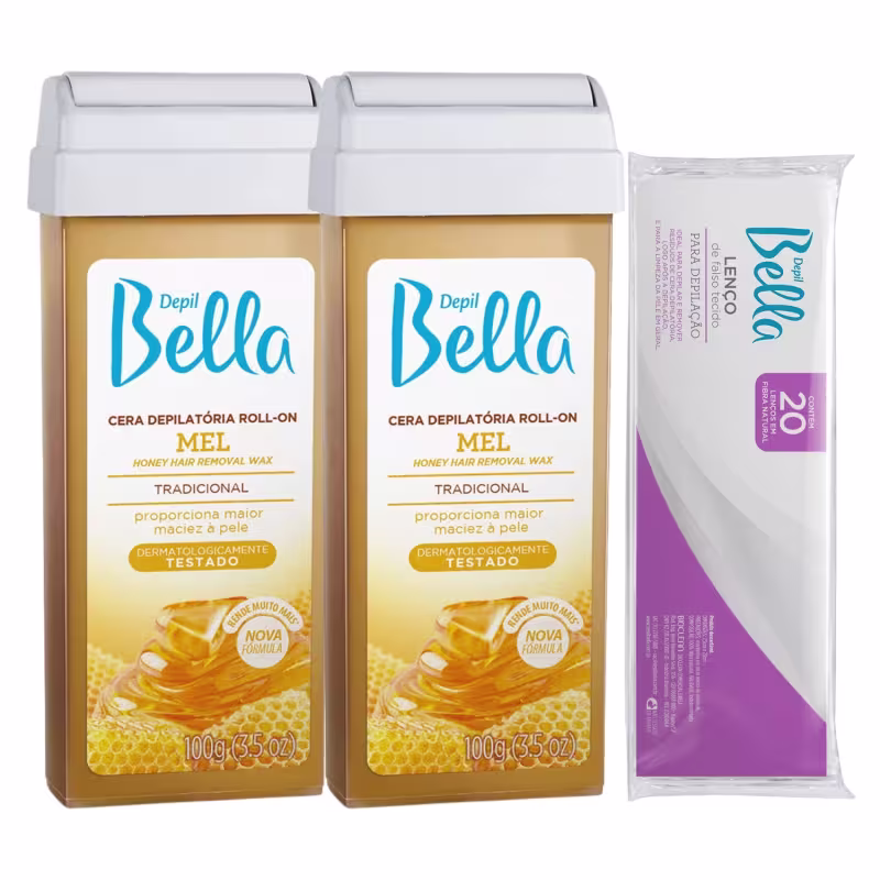 Cera Quente Roll-on Mel Depil Bella Kit 2 unidades + Lenço Depilatórios 20 Folhas