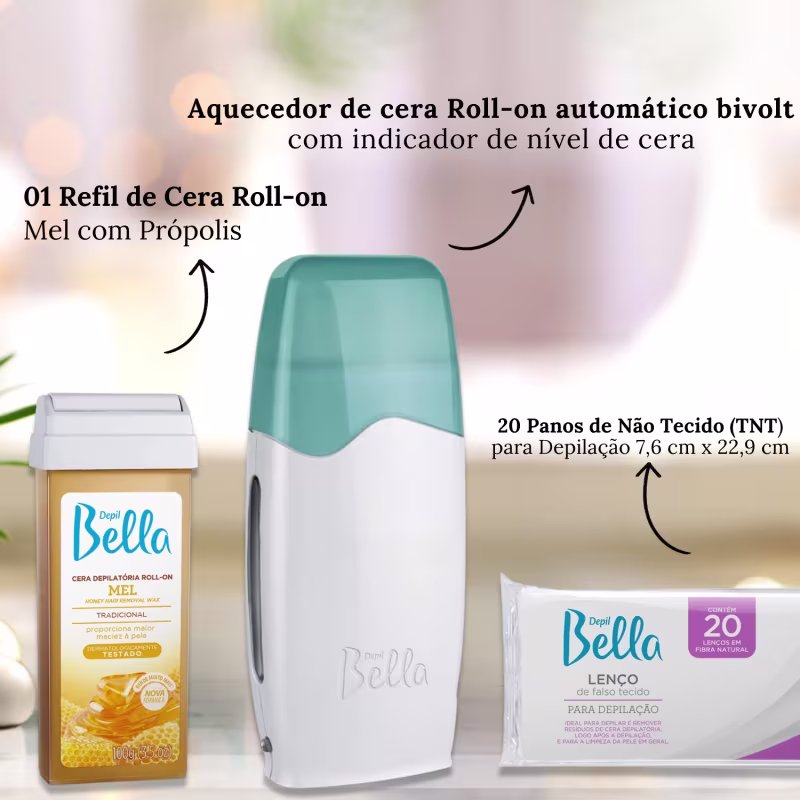 Kit Aquecedor Roll-on Depil Bella com Cera de Mel 100g + 20 Lenços