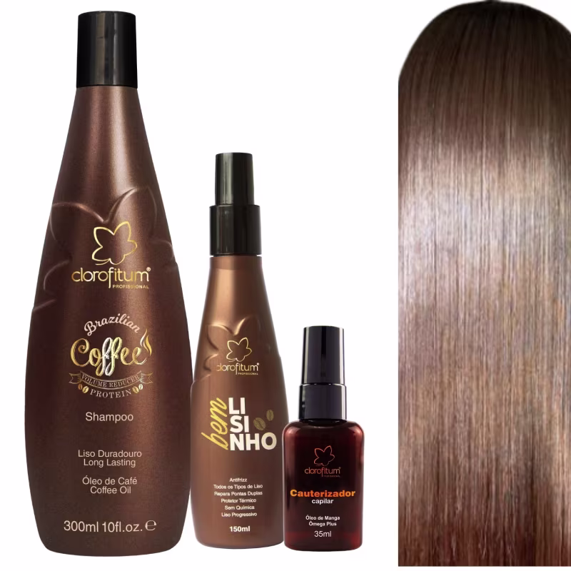 Kit Brazilian Coffee Shampoo 300ml Protetor Têrmico 150ml Óleo de Manga Hidratação Clorofitum
