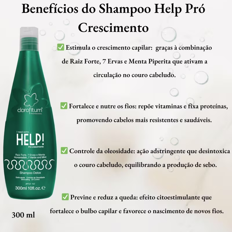 Kit  Help Pró Crescimento Shampoo 300ml  + Cauterizador Pontas 100ml Clorofitum