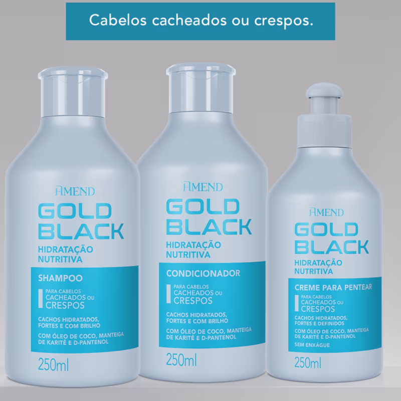 Kit Amend Gold Black Shampoo, Condicionador e Creme para Pentear Cachos