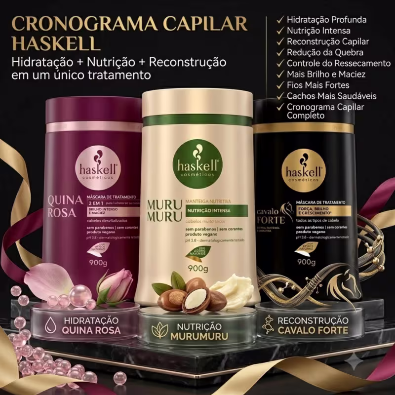 Cronograma Capilar Haskell Mascaras Cavalo Forte, Murumuru e Quina Rosa 900g