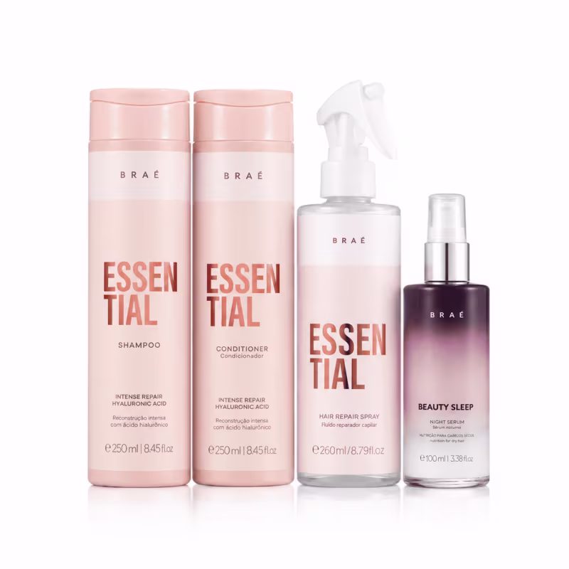 Kit Braé Essential Shampoo Condicionador Hair Repair Spray e Beauty Sleep (4 produtos)
