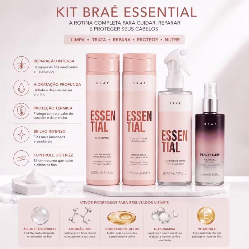 Kit Braé Essential Shampoo Condicionador Hair Repair Spray e Beauty Sleep (4 produtos)