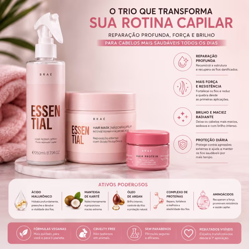 Kit Braé Essential Máscara, Fluido Reparador e Hair Protein – 3 Produtos