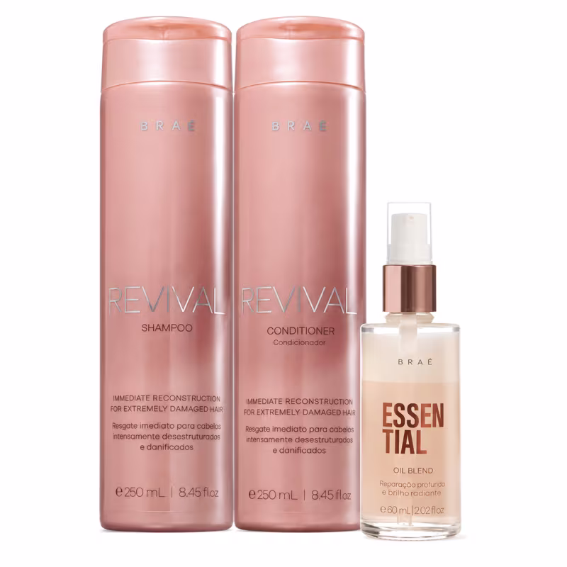 Kit Braé Revival Shampoo Condicionador e Essential Oil Blend (3 produtos)
