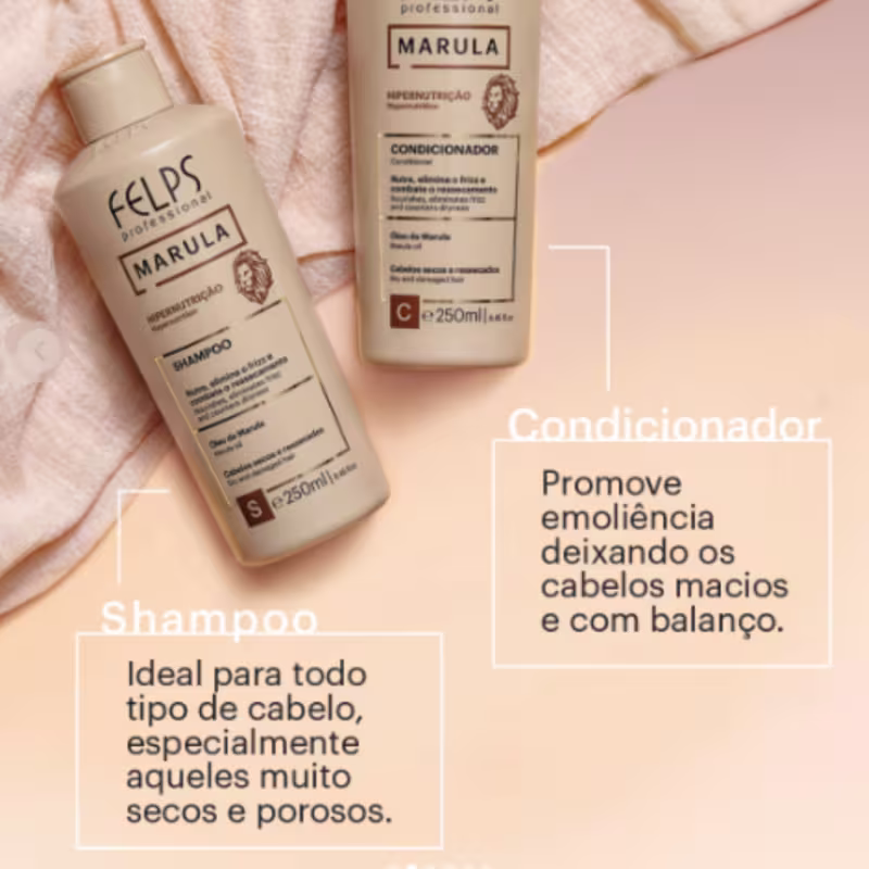 Kit c/4 Marula Hipernutrição Felps - Shampoo 250ml + Condicionador 250ml + Máscara 300g + Óleo 50ml.