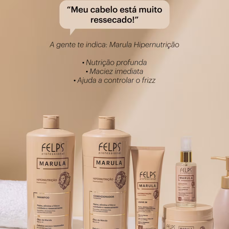 Kit c/4 Marula Hipernutrição Felps - Shampoo 250ml + Condicionador 250ml + Máscara 300g + Óleo 50ml.