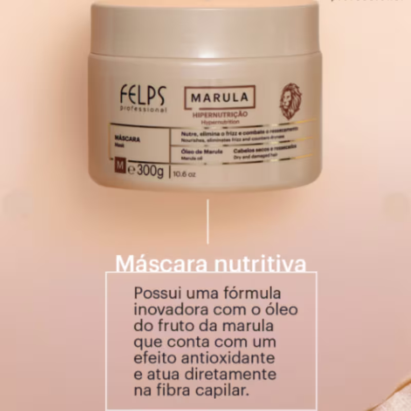 Kit c/4 Marula Hipernutrição Felps - Shampoo 250ml + Condicionador 250ml + Máscara 300g + Óleo 50ml.