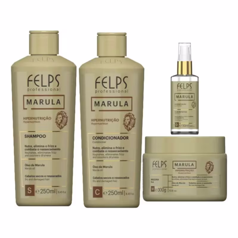 Kit c/4 Marula Hipernutrição Felps - Shampoo 250ml + Condicionador 250ml + Máscara 300g + Óleo 50ml.