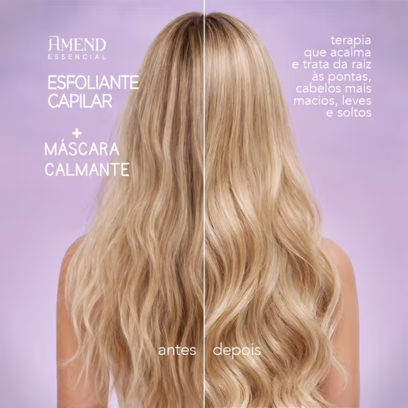 Esfoliante capilar Amend Essencial com máscara calmante em embalagem com imagem de cabelos antes e depois do tratamento, em tons de roxo e branco.
