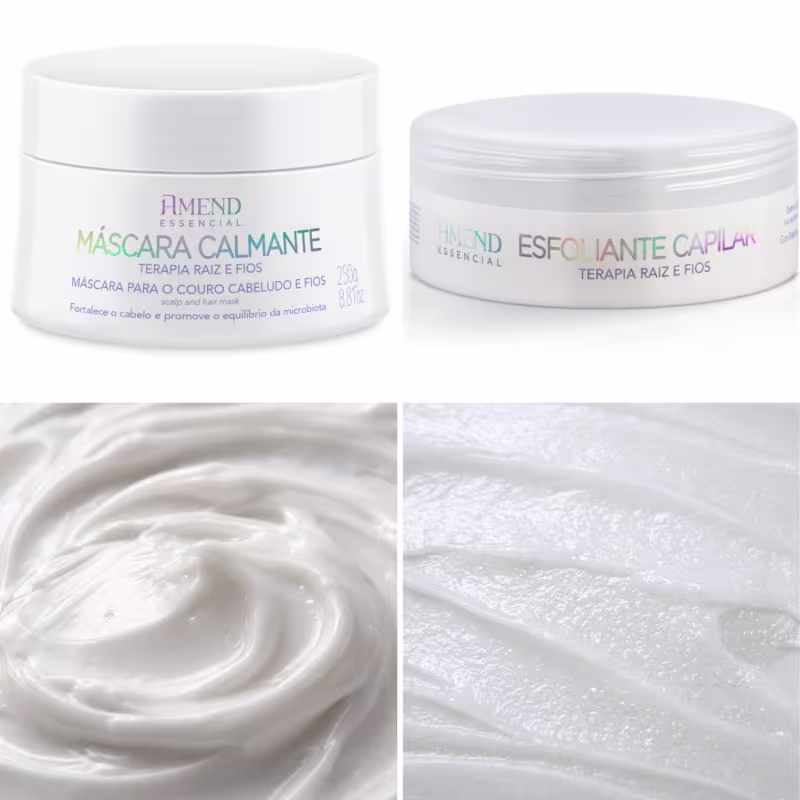 Dois produtos Amend Essencial: uma máscara capilar calmante em embalagem branca e um esfoliante capilar em embalagem branca, ambos com rótulos indicando a terapia raiz e fios.