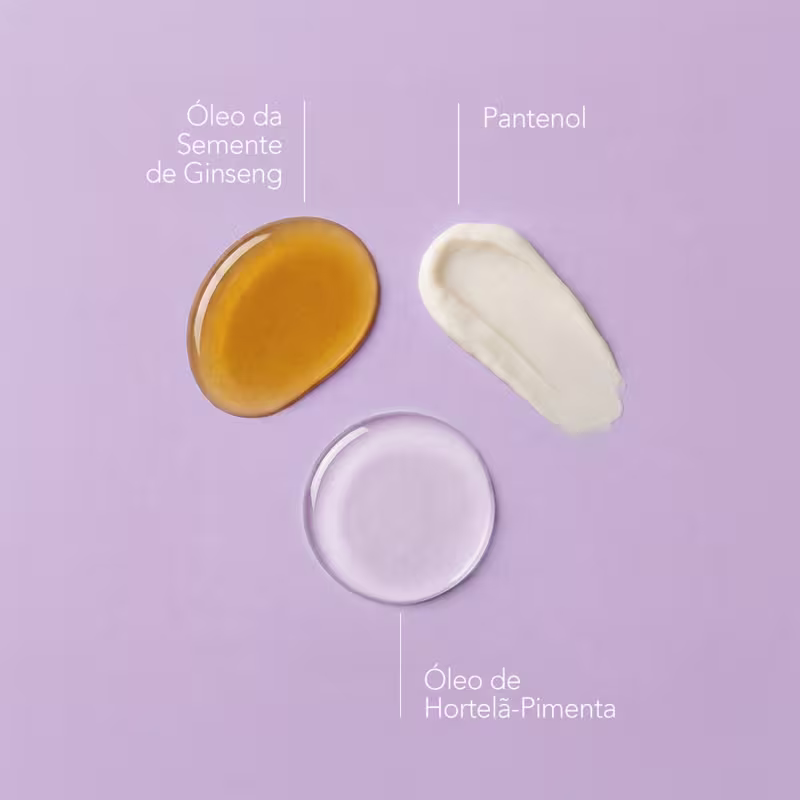 O óleo da semente de ginseng apresenta uma textura viscosa e brilhante, com uma coloração âmbar intensa. O pantenol exibe uma consistência cremosa e opaca, enquanto o óleo de hortelã-pimenta possui uma aparência líquida e transparente.