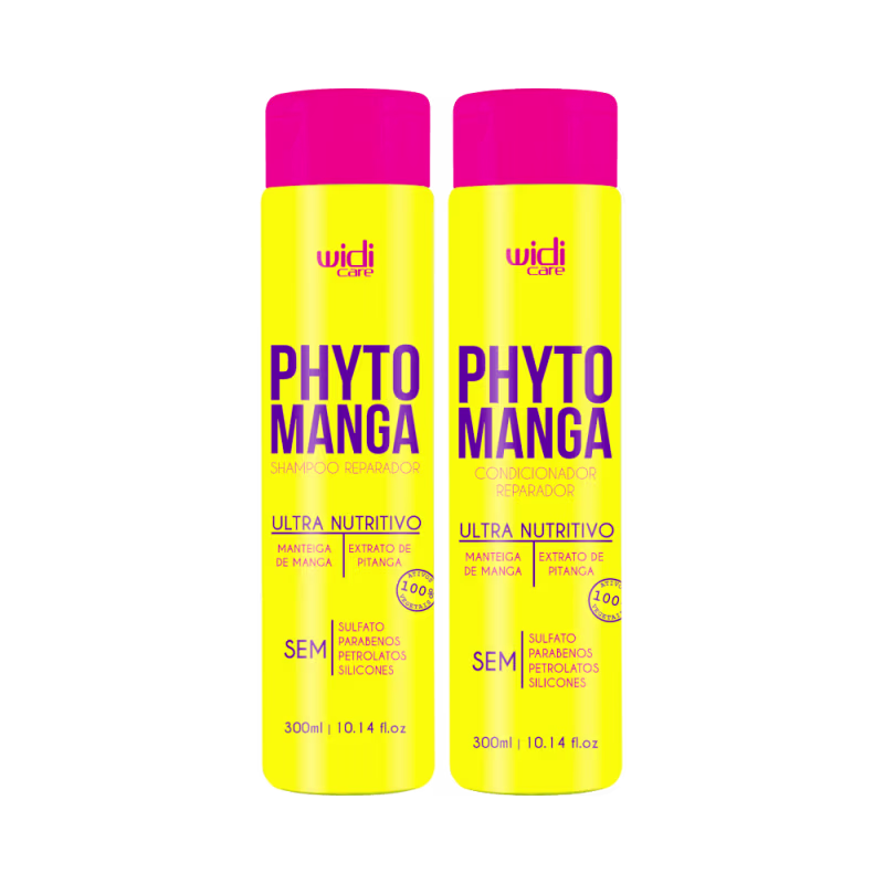 São dois frascos de shampoo e condicionador de 300ml cada, com embalagens cilíndricas amarelas e tampas rosa.
