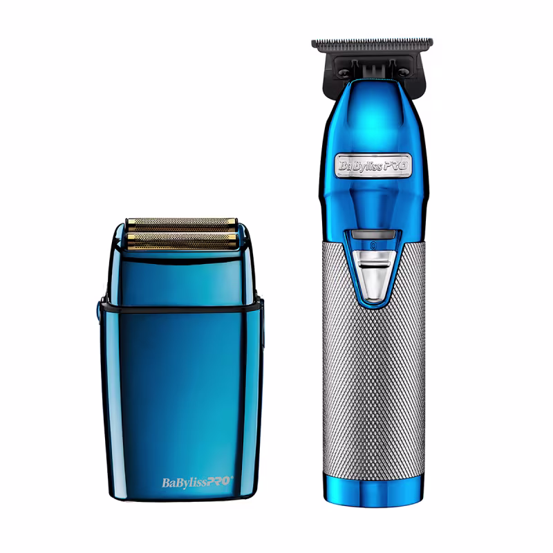 A imagem mostra o barbeador e a máquina de acabamento, ambos em tons azuis e detalhes prateados, com design elegante de linhas alongadas.