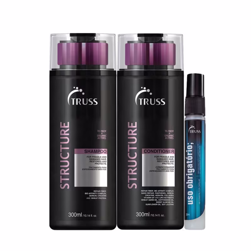 Kit com shampoo e condicionador Structure, além do tratamento reconstrutor Uso Obrigatório, da marca TRUSS.
