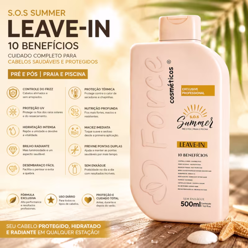 Finalizador Capilar Leave-in S.O.S Summer Force Cosméticos 500ml - Pré Pós Praia e Piscina