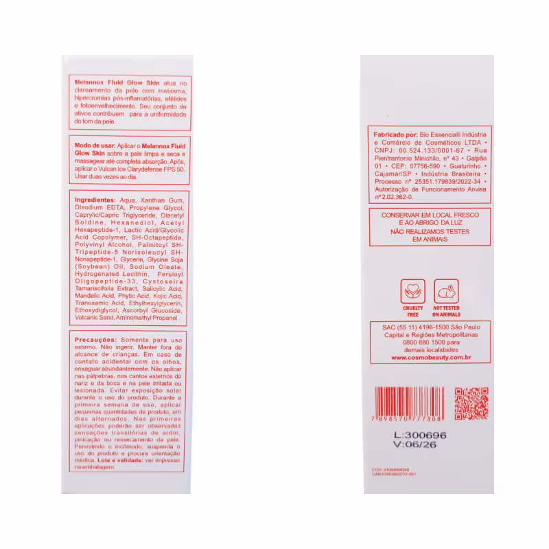 A embalagem é uma caixa branca com detalhes em laranja, contendo informações sobre o modo de uso, ingredientes e precauções. O produto é descrito como ajudando no clareamento da pele com melanina, hipercoronas pós-inflamatórias e fotoenvelhecimento.