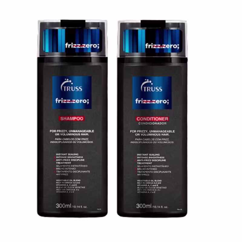 Kit com shampoo e condicionador Frizz Zero da marca TRUSS.