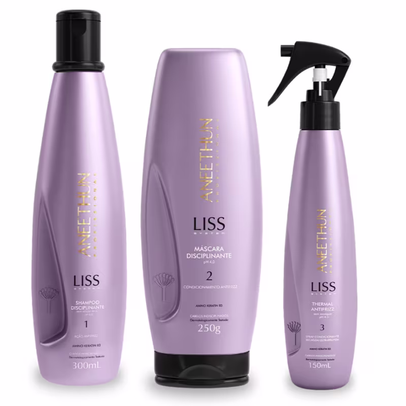 Shampoo 300ml, máscara 250g e spray condicionante 150ml. Embalagens na cor lilás com tampa preta.